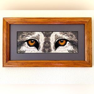 Handmade framed needlepoint grey wolf eyes cottagecore furry fairytale woodland